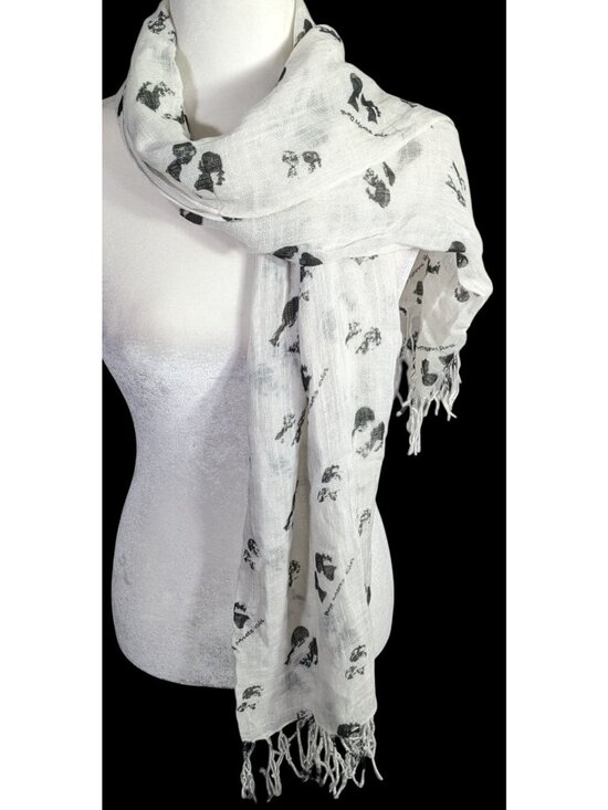 Boy Meets Girl Accessories - Boy Meets Girl Lightweight White Scarf With Black Silhouette Print & Fringe